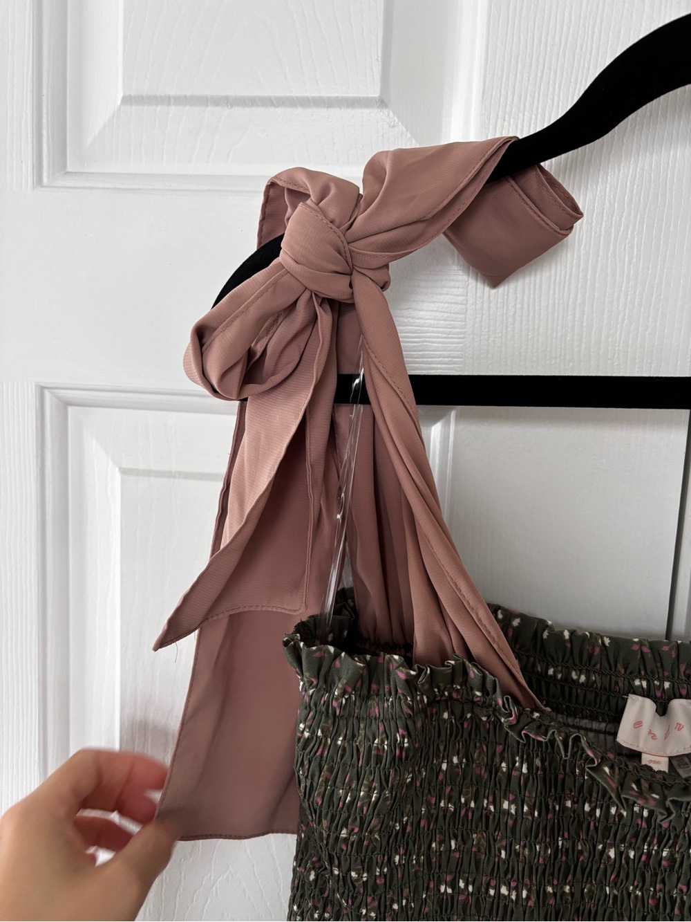 Smocked Tiered Maxi Dress with Tie Shoulder Straps - Olive Green and Dusty Rose - Picture 4 of 4